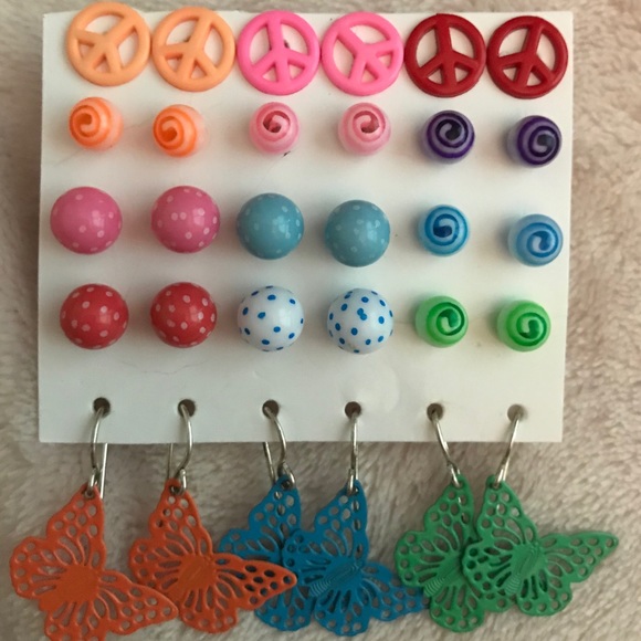 Set of 15 Colorful Butterfly and Ball Earrings - Picture 1 of 3